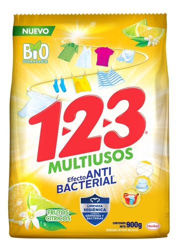 Detergente En Polvo 123 Multiusos Con Antibacterial 900g