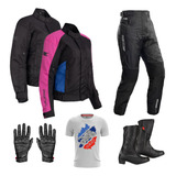 Kit Texx Jaqueta Ronin Calça Bota Strike Fem Luva Phanter