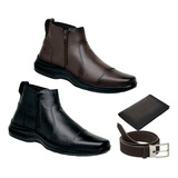 Kit 2 Bota Masculino Couro Ortopédico Casual Cinto Carteira