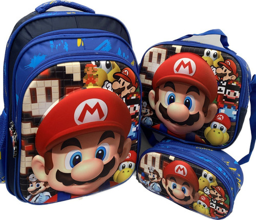 Morral Mochila Escolar Súper Mario Kit X3 Maleta Lonchera Ca