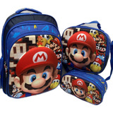 Morral Mochila Escolar Súper Mario Kit X3 Maleta Lonchera Ca