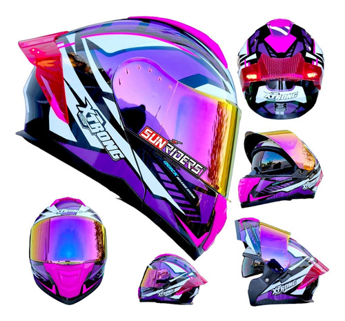 Casco Moto Mujer Xtrong Rosa Negro Abatible Luz + Lentes Dot