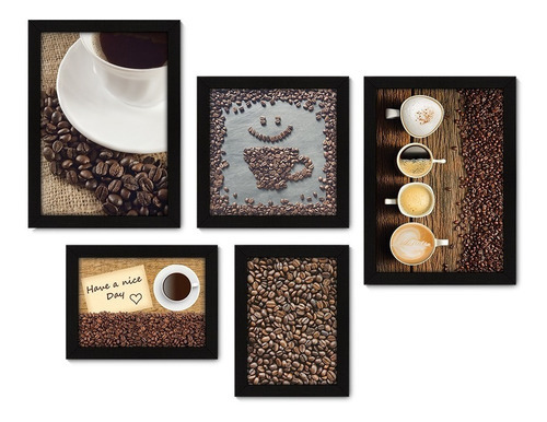 Kit Com 5 Quadros Decorativos - Café Coffee Cafeteria 224 Cor Moldura Preta