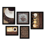 Kit Com 5 Quadros Decorativos - Café Coffee Cafeteria 224 Cor Moldura Preta