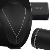 Conjunto Corrente Masculino Aço Inox Prata J-1303 Crucifixo