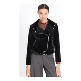 Chaqueta Biker Terciopelo Con Bordado, Negro Liola