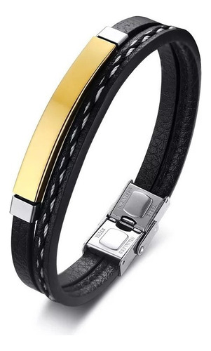 Pulseira Masculina Aço 316l Titânio Couro Legitimo # Comprimento 18 Cm Diâmetro 1 Cm