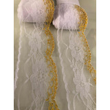 20 Mts Blonda Encaje 6 Cm Blanco Con Dorado Navidad Pack 2 P