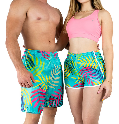 Kit Short Casal Praia Floral Verão Tac Tel Envio Imediato