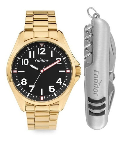 # Relógio Masculino Dourado Fundo Preto Kit Canivete Condor 