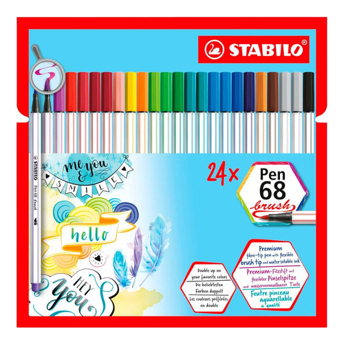 Caneta Stabilo Pen 68 Brush Estojo 24 Cores Ponta Pincel