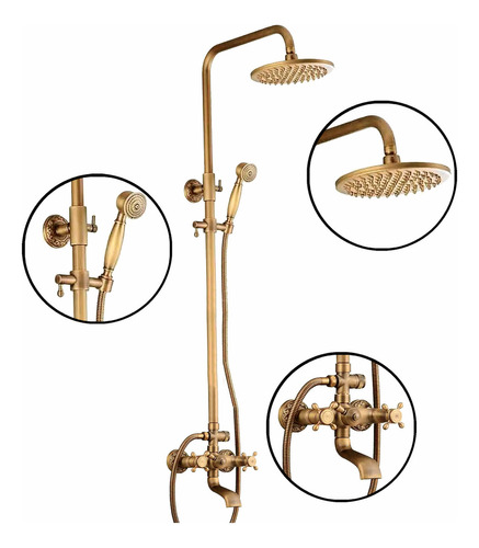 Solana Regadera De Baño Cuadrada Modelo Gold Old Con Diseño Tuberia Expuesta / Regadera Modo Lluvia Con Regadera De Mano Y Llave Inferior / Sistema Monomando