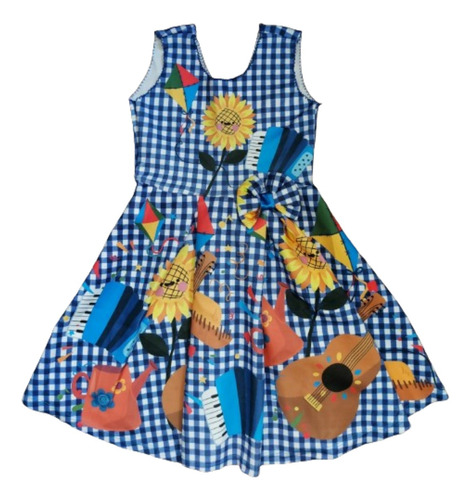 Vestido Infantil De Festa Junina Xadrez Azul Tam 8 Ao 10