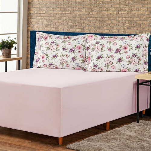 Jogo De Lençol P/ Cama Box Complet Floral Rosa Casal 03 Pçs