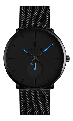 Reloj Minimalista Hombre Seger 9185 Analogico Acero Elegante Malla Negro Fondo Azul