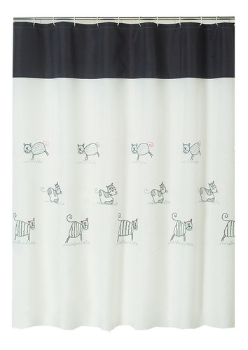 Cortina De Baño Moderna Tela Bordada Chenille Stripes Cats Color Blanco Y Negro