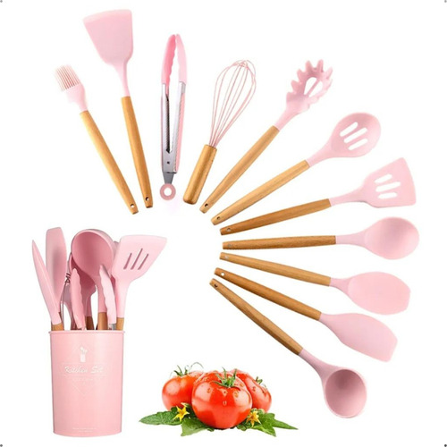 Kit 12 Utensílios De Cozinha Em Silicone E Cabo De Madeira