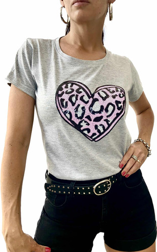 Remera De Mujer C Aplique Bordado Brillo Lentejuelas Corazón