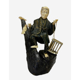 Figura Estatuilla China Bronce Madera Y Marfil Con Falla