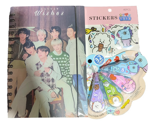 Set Libreta Bts Kpop + Stickers + Correctores Kawaii