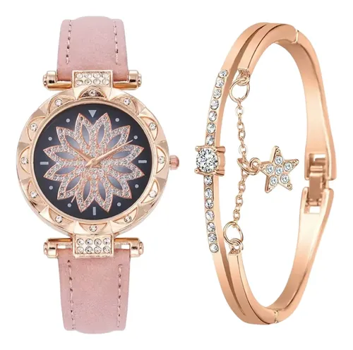 Juego Reloj + Pulsera Brazalete Mujer Elegante Flor Bijou