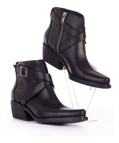 Bota Malala Victoria Atés Texana Corta Negro 100% Cuero