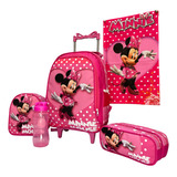 Kit Mochila Minnie Rosa Escolar Mala Infantil Rodinhas