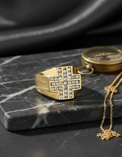 Anillo Caballero Cruz Zirconias Oro Sólido 10 Kilates