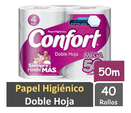 Papel Higiénico Confort Mega 50 Mts Doble Hoja 40 Rollos