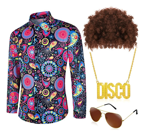 4pcs De Discoteca De Los 70 Para Hombre, Conjunto Hippie Retro De Los 60 Con Camisa Floral, Peluca Marrón, Gafas Divertidas Y Collar Dorado | Meses sin interés