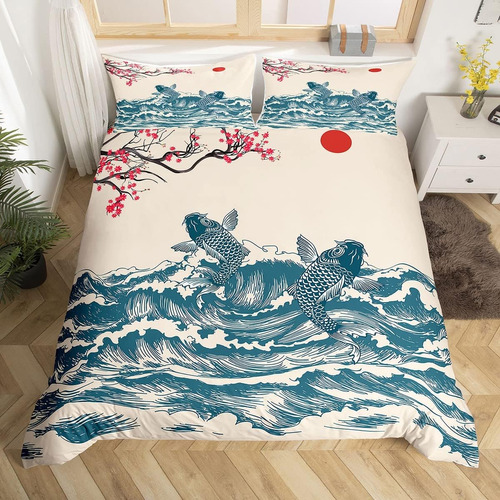 Juego De Cama Manfei Waves King Size, Koi Cherry Blossom Sun