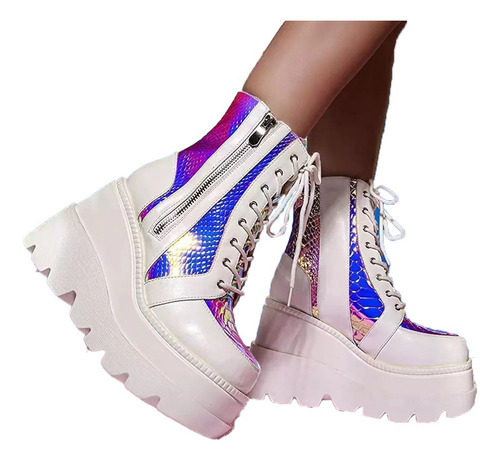 Zapatos Botas Blancas Plataforma Cuñas Suela Punk Para Dama