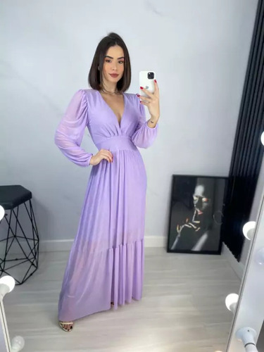 Vestido Longo Tule Com Manga Moda Evangélica Chá Revelação