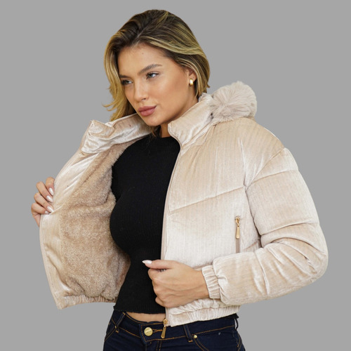 Jaqueta Puffer Feminina Cropped Veludo Forrada Dia A Dia