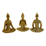 Trio Estátua Meditação Yoga Porcelana 7,5cm Dourado Brilho