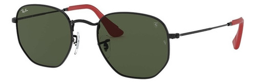 Anteojos De Sol Ray-ban Round Scuderia Ferrari Collection Mediano Con Marco De Metal Color Polished Black, Lente Green De Cristal Clásica, Varilla Polished Black/red De Metal/cuero - Rb3548nm