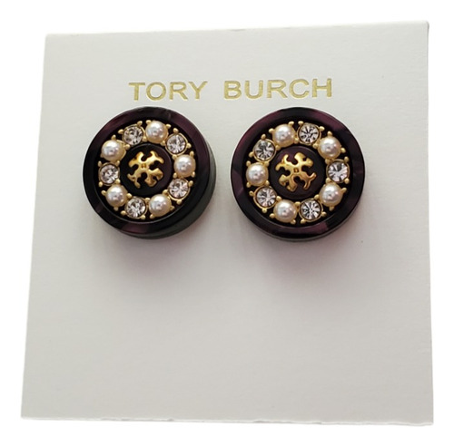 Aretes Tory Redondos Logo Central Con Cristales Y Perlas