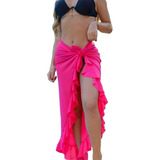 Saída De Praia Tule Longa Elegante Moda Verão Franja Babado Cor Pink Desenho Do Tecido Liso Tamanho U