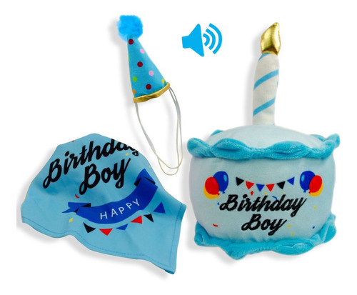 Juguete De Peluche Para Mascota Birthday Boy Con Sonido Color Azul Diseño Cumpleaños