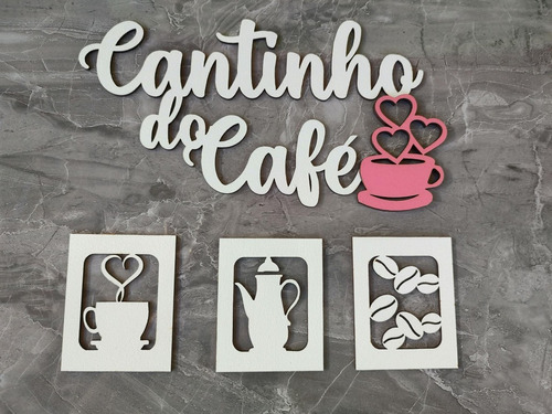 Kit Cantinho Do Café Mdf  Branco E Rosa 4 Peças Decoração