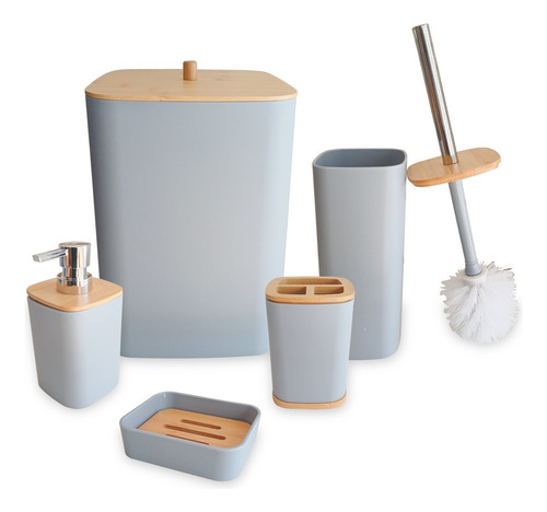 Set Baño Bambu Plastico X6 Cesto Dispenser Jabon Escobilla