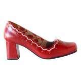 Sapato Vermelho Feminino Em Couro Salto Bloco Confortável