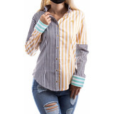 Camisa Blusa Mujer Casual Rayada Gris, Amarilla Moon & Rain