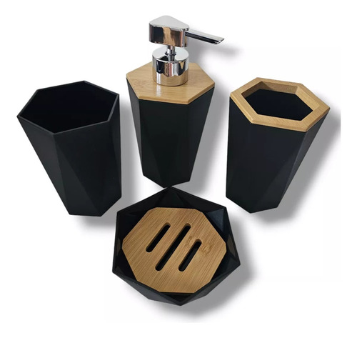 Set 4 Accesorios Baño Diseño Nórdico Bambu Dispenser Jabón 