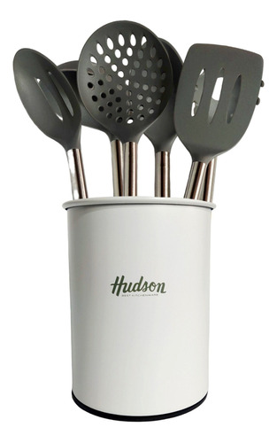 Set 6 Utensilio Blanco Nylon Mango Madera Hudson Cocina Bz3