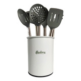 Set 6 Utensilio Blanco Nylon Mango Madera Hudson Cocina Bz3