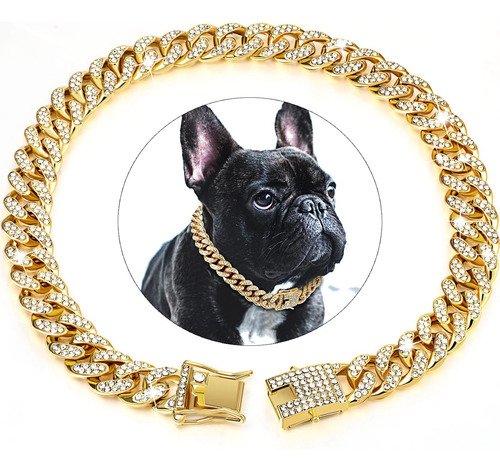 Cadena Para Perro Collar Cubano Dorado Con Diamantes