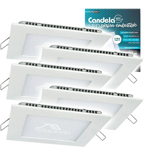 5 Plafones Led Cuadrados Embutir 12w Fría Candela 6825 Cuota