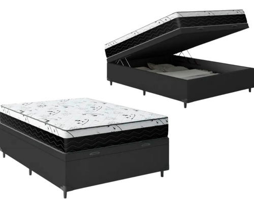 Cama Box Baú Viúva 128 Sintético Preto Com Colchão Espuma D3