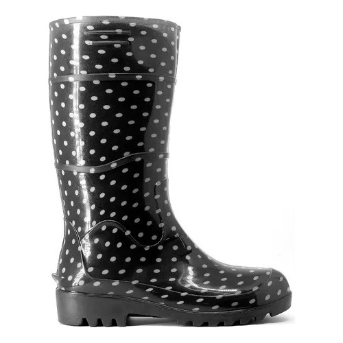 Bota Feminina Pvc Flexível Baspan Preta Poa Branca Canomédio